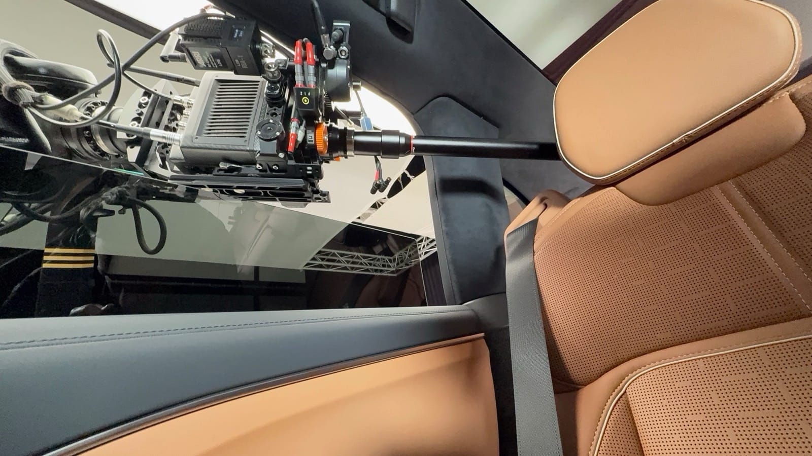 Cinema camera positioned inside the Lucid Gravity cabin to capture tactile interior details.