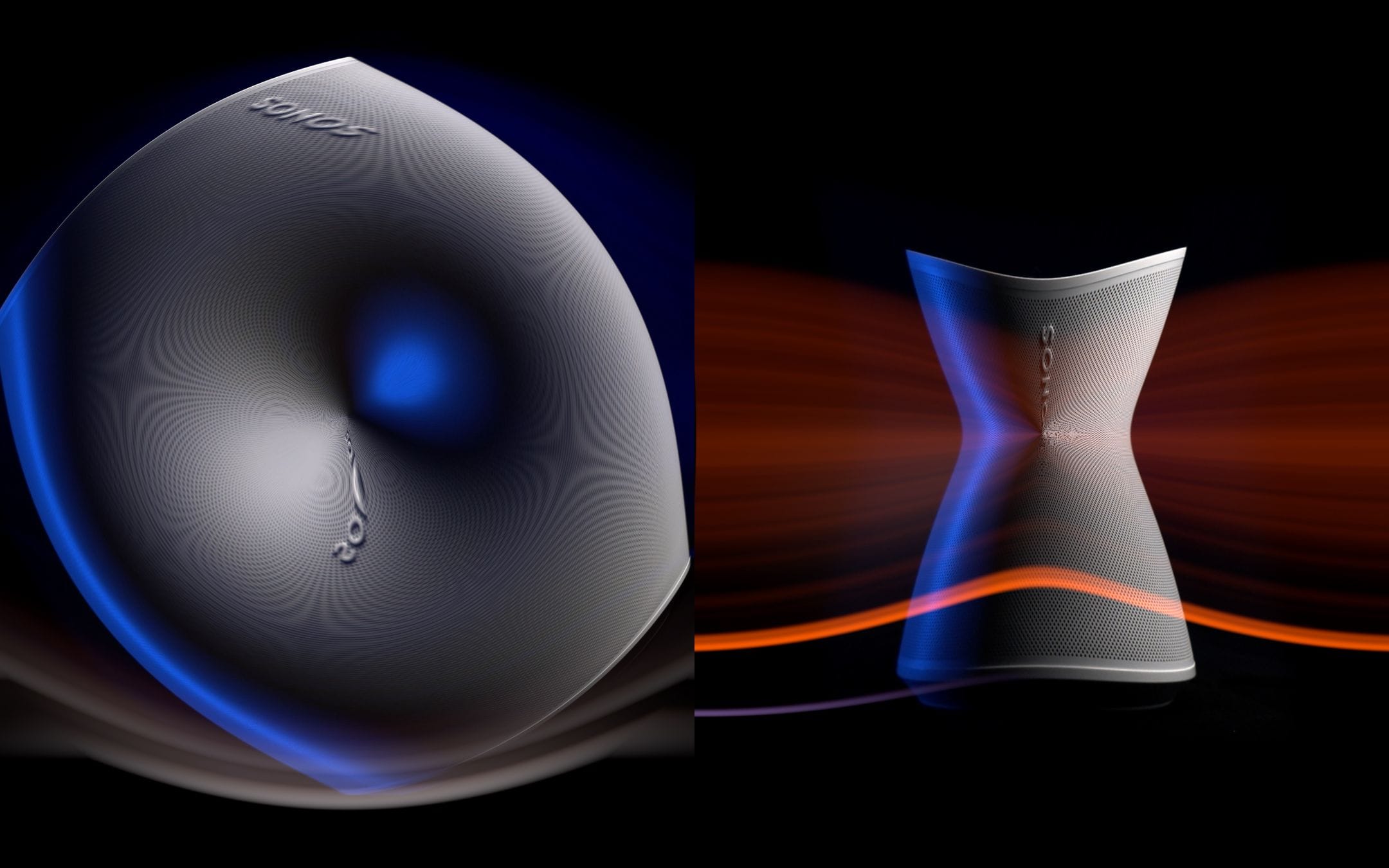 Diptych of the silver Sonos Era 300, pairing a distorted close-up with a front view crossed by amber light trails.