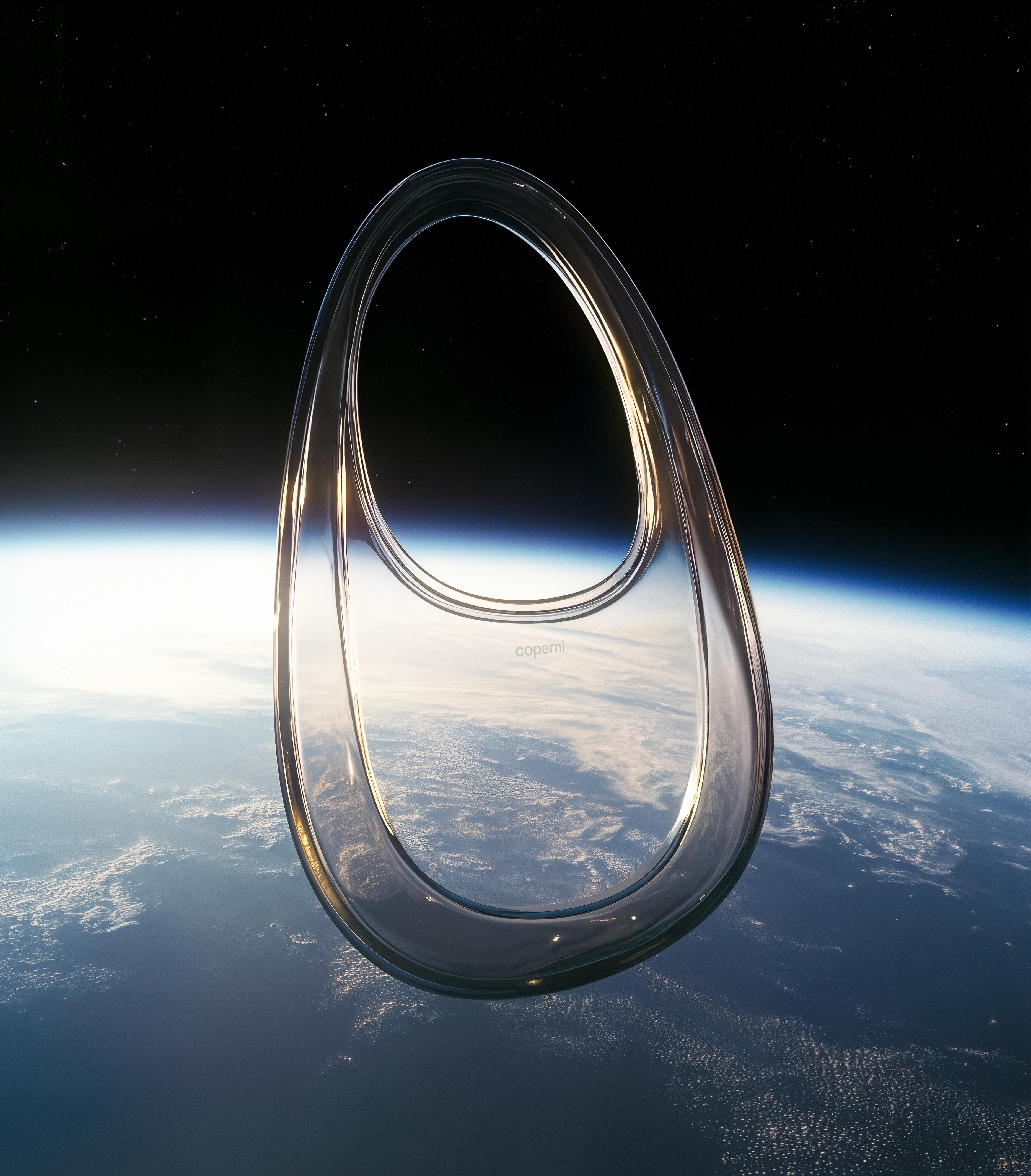 Transparent Coperni Glass Swipe Bag suspended above the blue curve of Earth against black space.