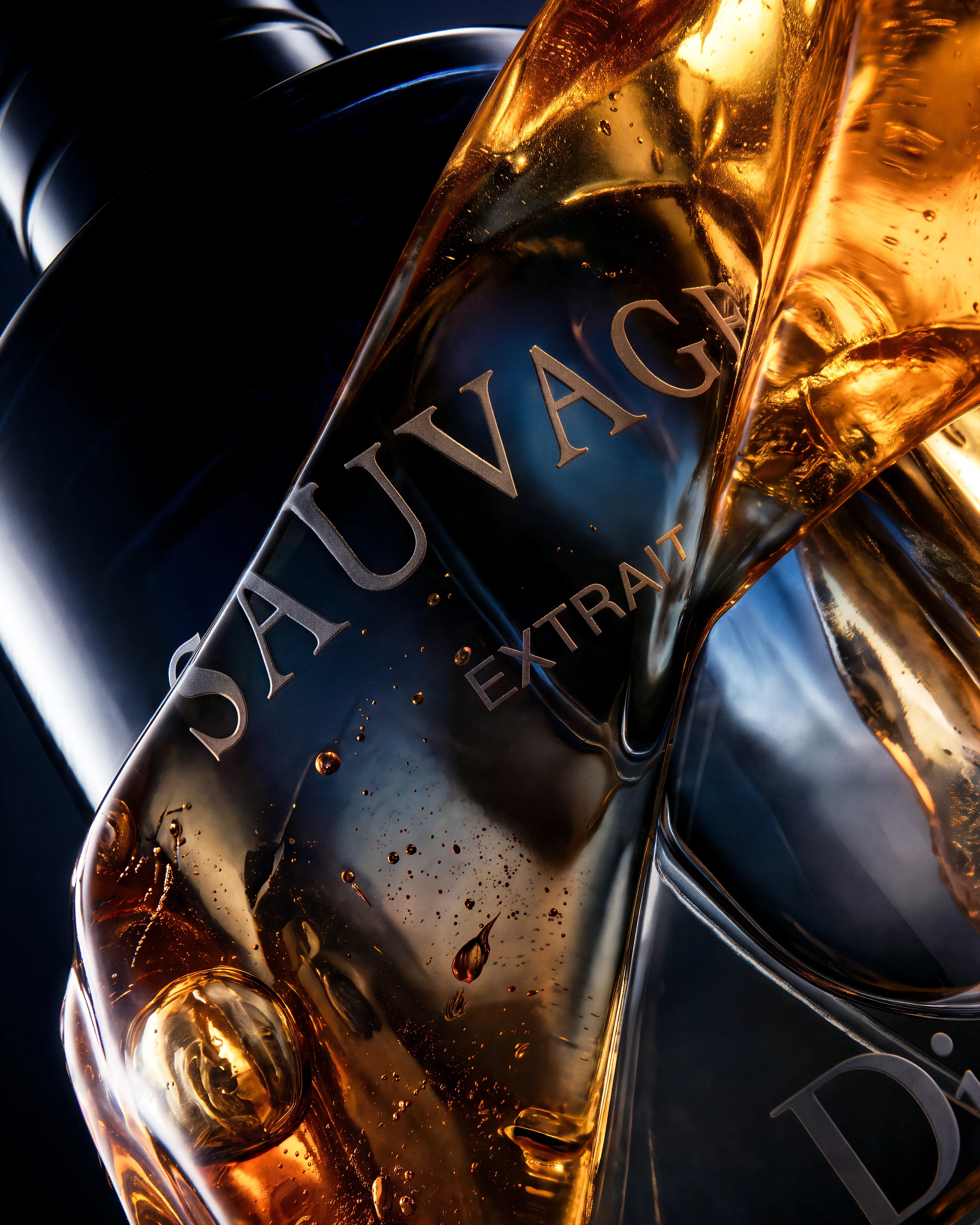Close photograph of the Dior Sauvage Extrait bottle crossed by translucent amber material, with droplets, distorted lettering and deep-blue glass.