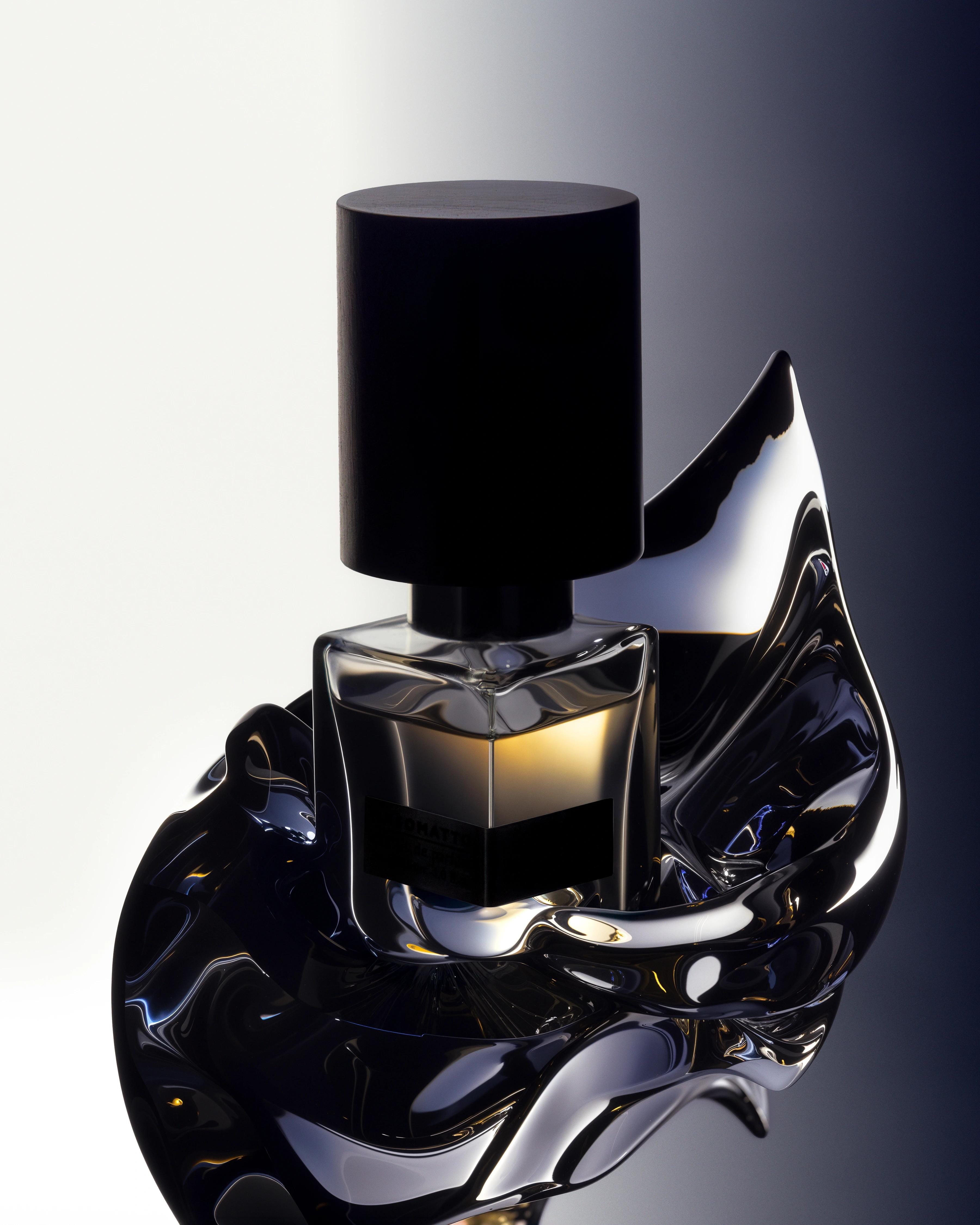 Nasomatto Silver Musk perfume bottle held within glossy black-and-silver liquid forms against a pale background.