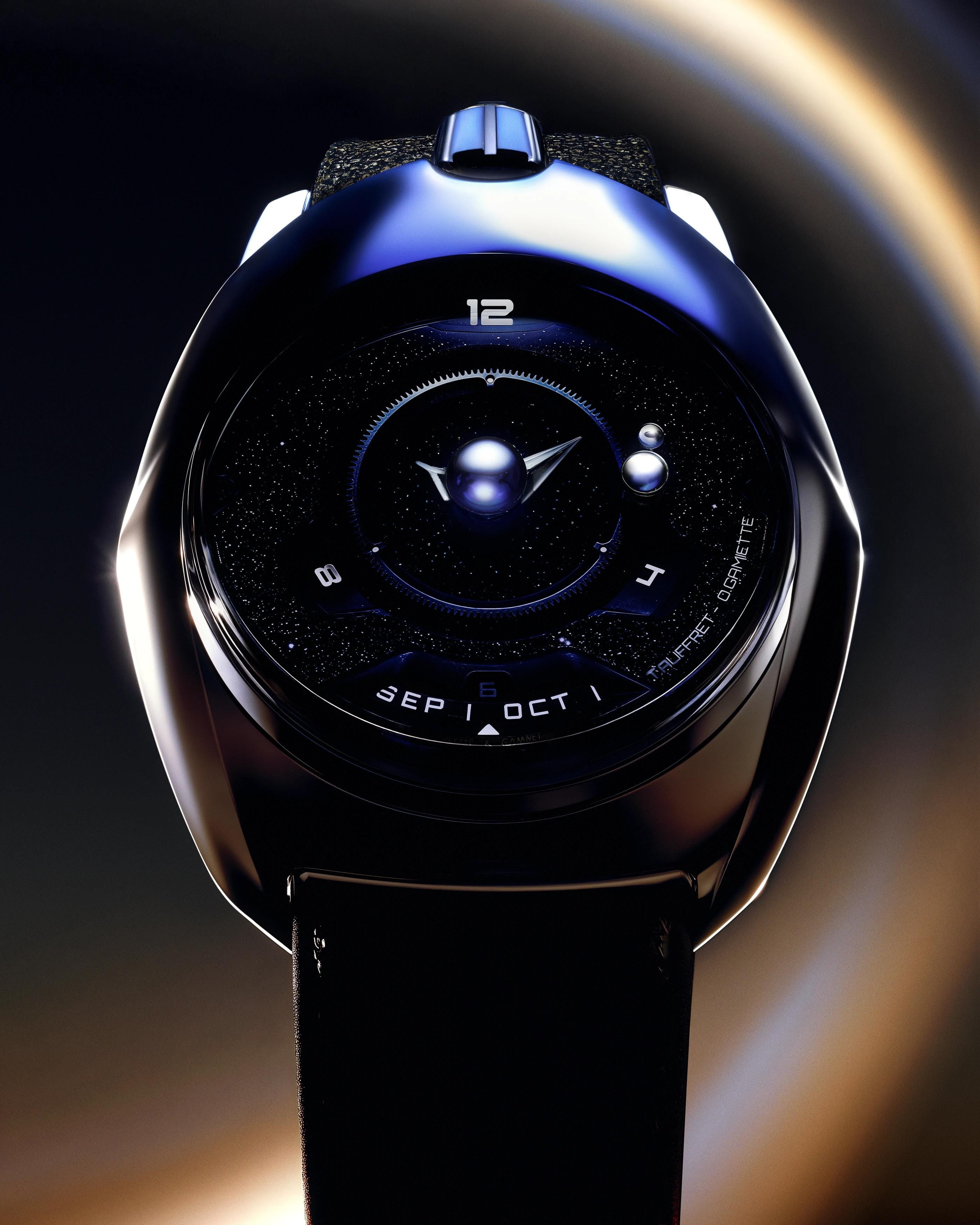 SpaceOne Tellurium watch with a black aventurine dial and planetary display, framed by a warm orbital arc.
