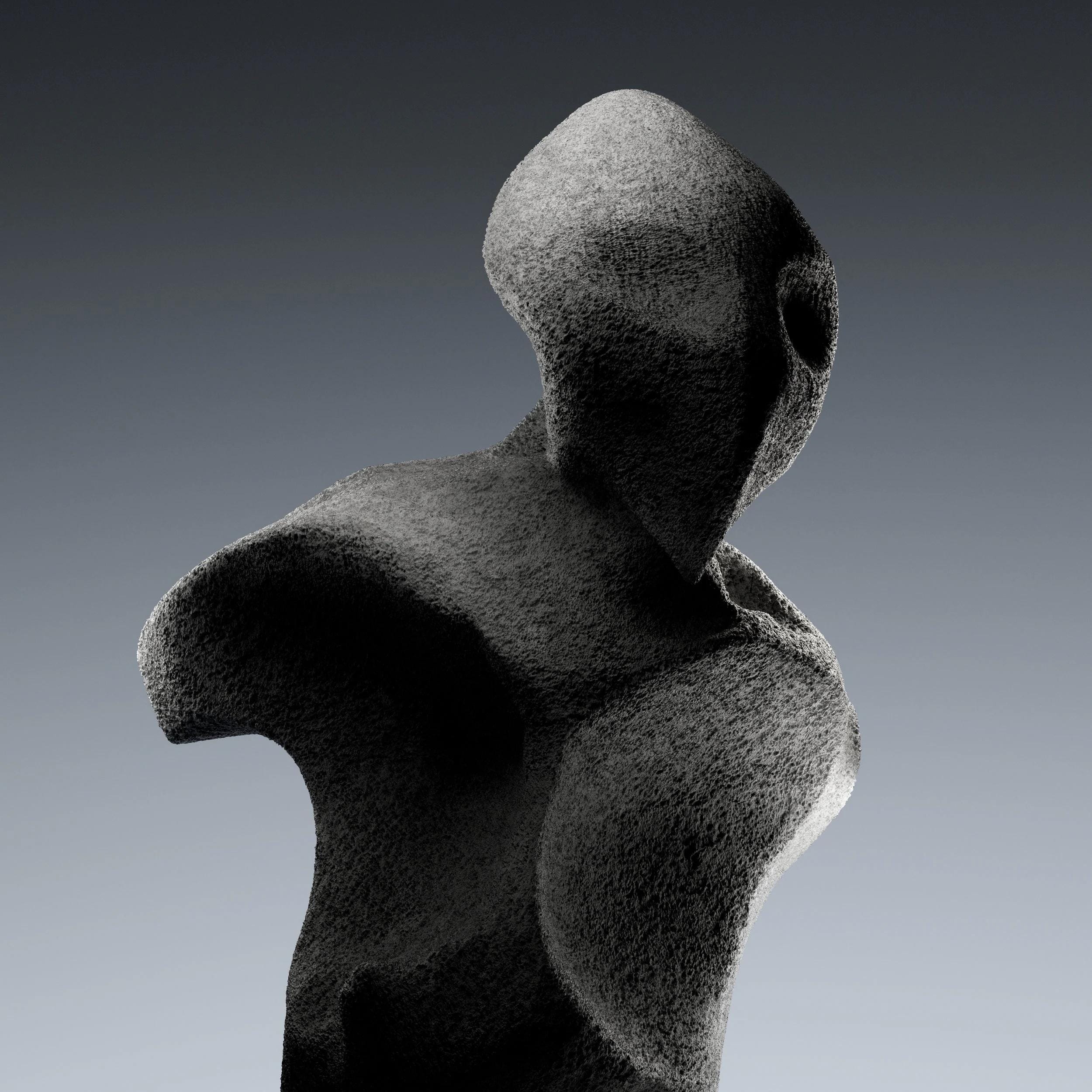 Dark porous abstract sculpture with a rounded head-like form and curved shoulder against a grey gradient.